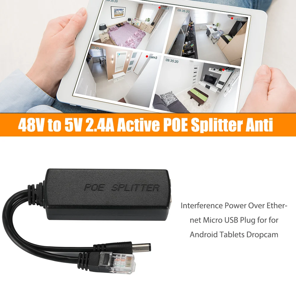 

48V to 5V 2.4A Active POE Splitter Anti Interference Power Over Ethernet Micro USB Plug for for Android Tablets Dropcam