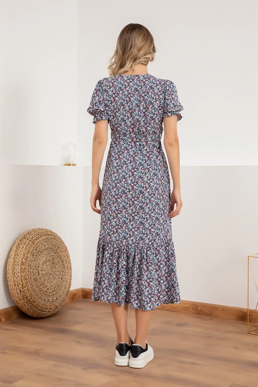 

Must Button Flower Pattern Dress-BLUE