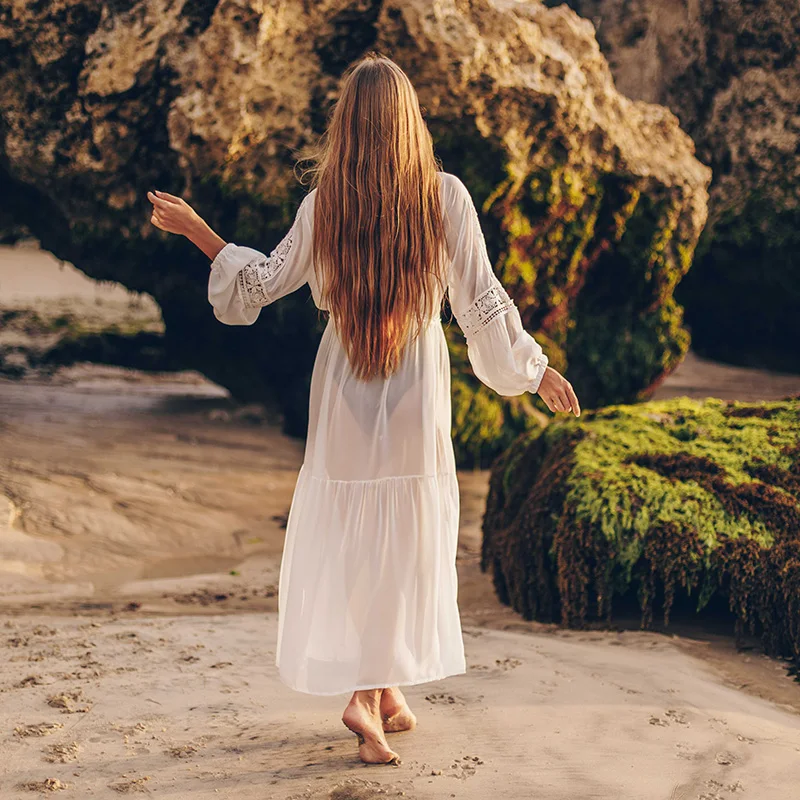 

New Chiffon Long Beach Cover up Tunic Lace Bikini Cover up 2021 Robe Plage Swimsuit Cover up Sarong Beachwear Summer Dresses