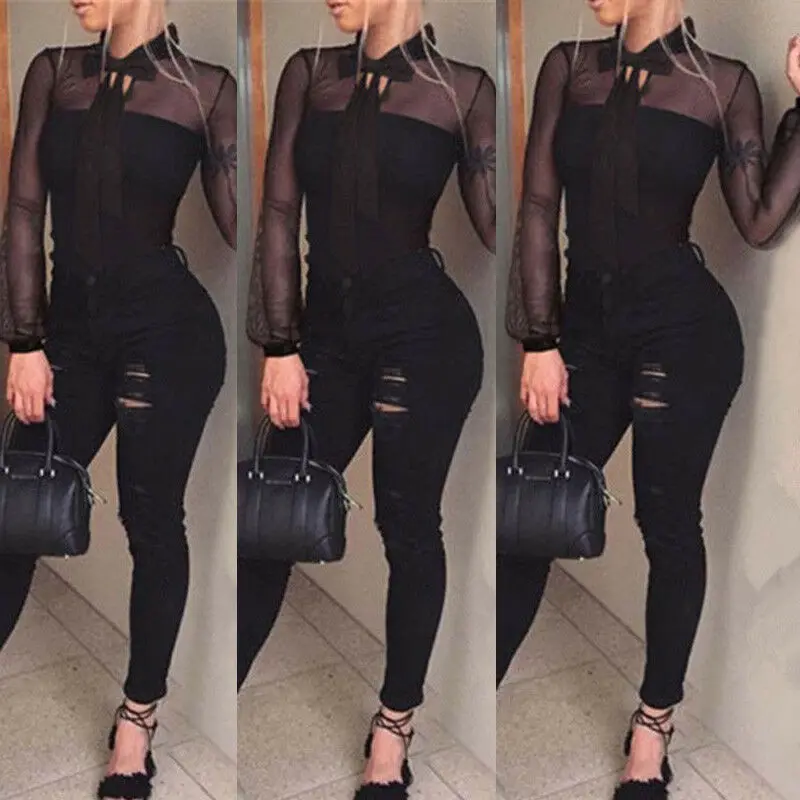 

Mesh Patchwork Rompers Shirt Women Jumpsuit Long Sleeve See Through Top Shirts Fall V Neck Sexy Bodycon Bodysuits Leotard Top