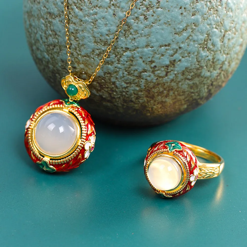 

BOCAI New wild ethnic style necklace+ earring real s925 silver jewelry set burnt blue enamel women's red corundum pendant