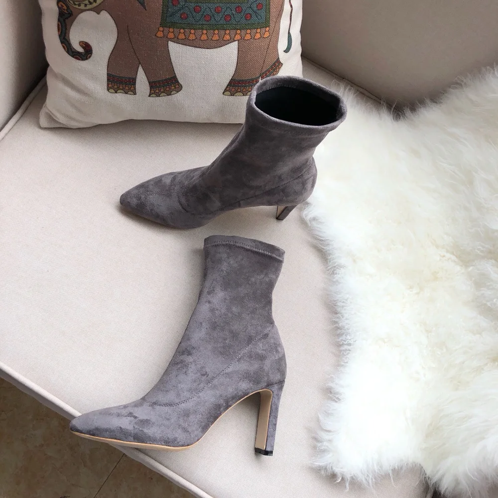 Популярные сапоги из натуральной замши женские с острым носком на высоком