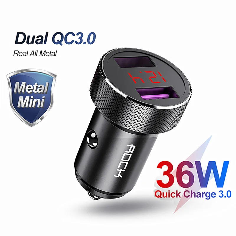 Автомобильное зарядное устройство ROCK 36 Вт металлическое двойное QC 3 0 со