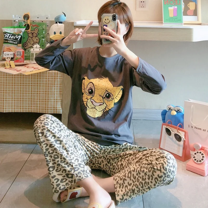 Disney Women Leopard The Lion King Sleepwear 2PCS Shirt Pants Pajamas Set Print Simba Nightwear Cartoon Pyjamas Casual Homewear