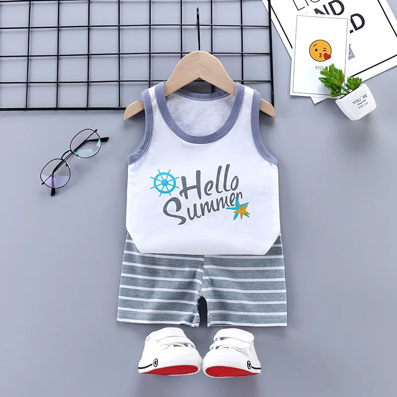 Chlidren Clothing 2Pcs Sets Tops + shorts unisex cartoon sleeveless summer Pajamas | Детская одежда и обувь