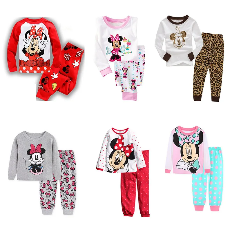 Minnie Mickey Cartoon Pajamas For Baby Girls Cute Elsa Anna T shirt+ Pant 2PCS Pajama Sets Casual Kids Girl Sleepwear Outfits