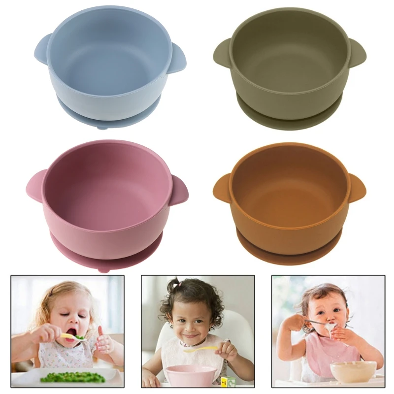

Solid Colour Baby Silicone Plate Bowl Toddler Feeding Double Handle Bowl with Suction Cup Portable Infant Dishes Kids Tableware