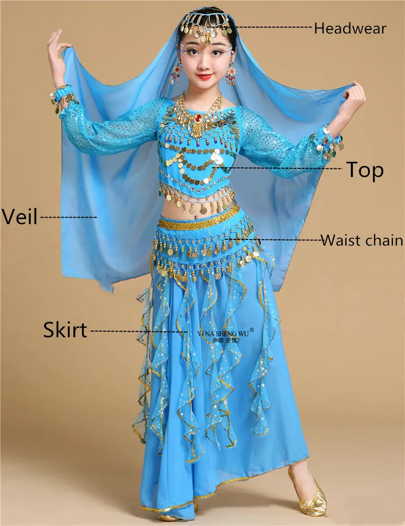 Turquoise 5pcs Детские костюмы для танца живота, индийские Детские костюмы для танца живота, одежда для восточных танцев для девочек, индийский комплект для выступлений в Болливуде, танец живота - Цвет: Turquoise 5pcs
