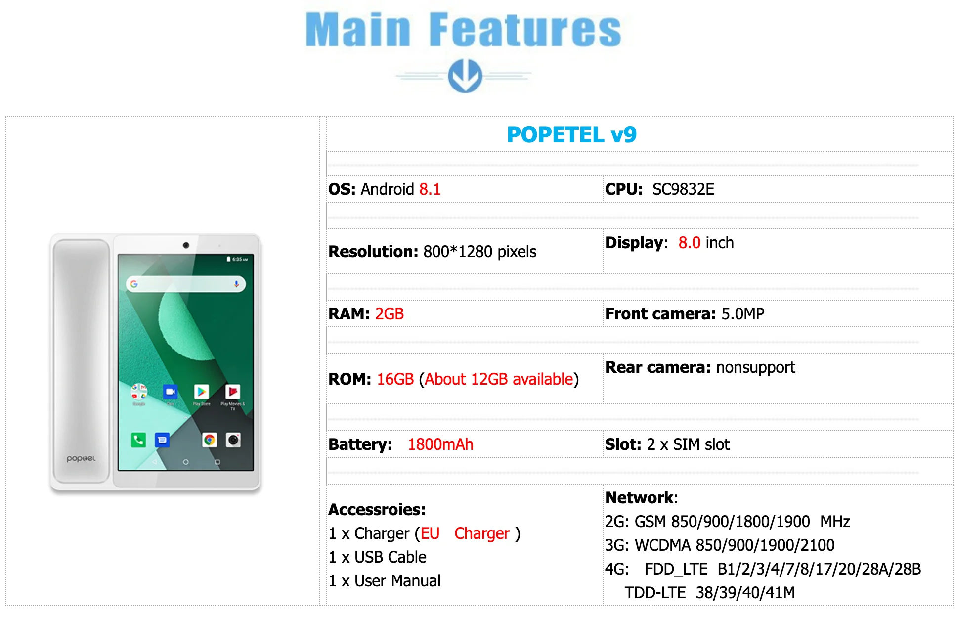 Poptel V9 Google play видеофон 8 дюймов 2g/16g bluetooth трубка для дома и офиса IOT устройство планшет телефон Примечание поддержка стола