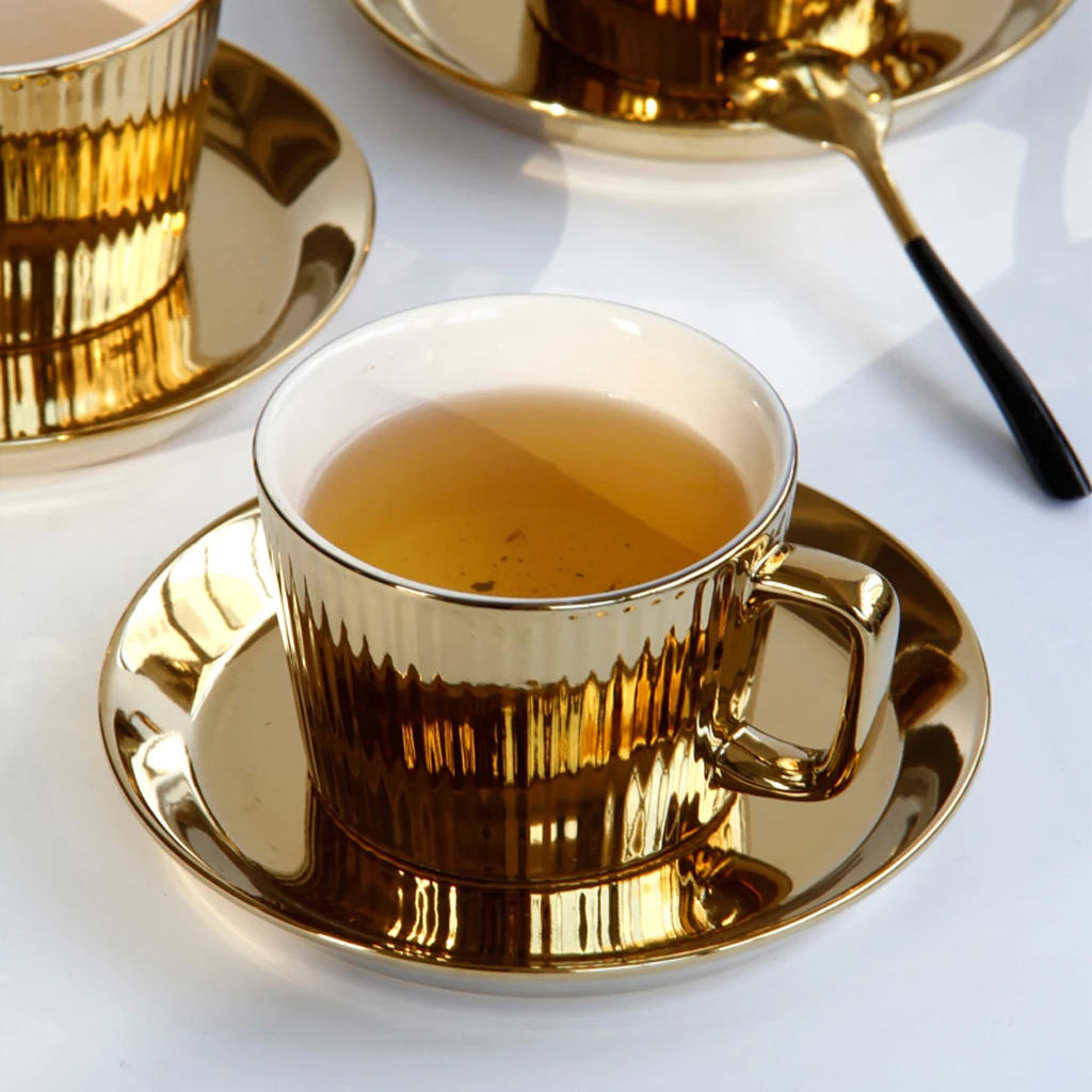 

250ml Gold Plated Tea/Coffee Cup & Saucer Set Ceramic Espresso Cup Office -white