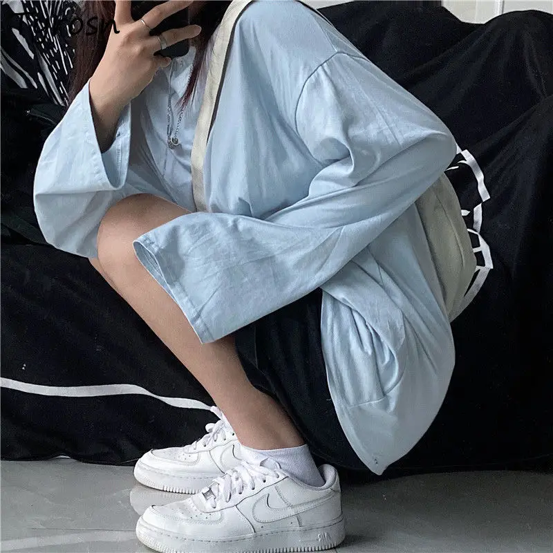 

Футболка женская однотонная универсальная с длинным рукавом, модная уличная одежда в стиле ольччан, свободная Повседневная Ретро для студе...