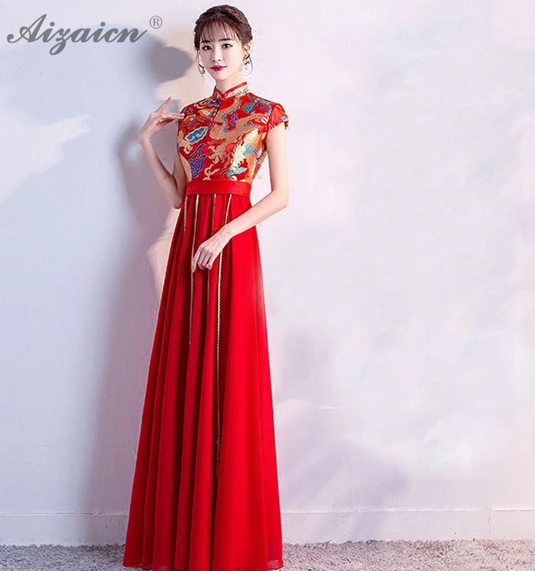Новое атласное платье Cheongsam красное свадебное винтажное платье Qi Pao Женские китайские свадебные платья Qipao Акция Женская Роба в восточном стиле