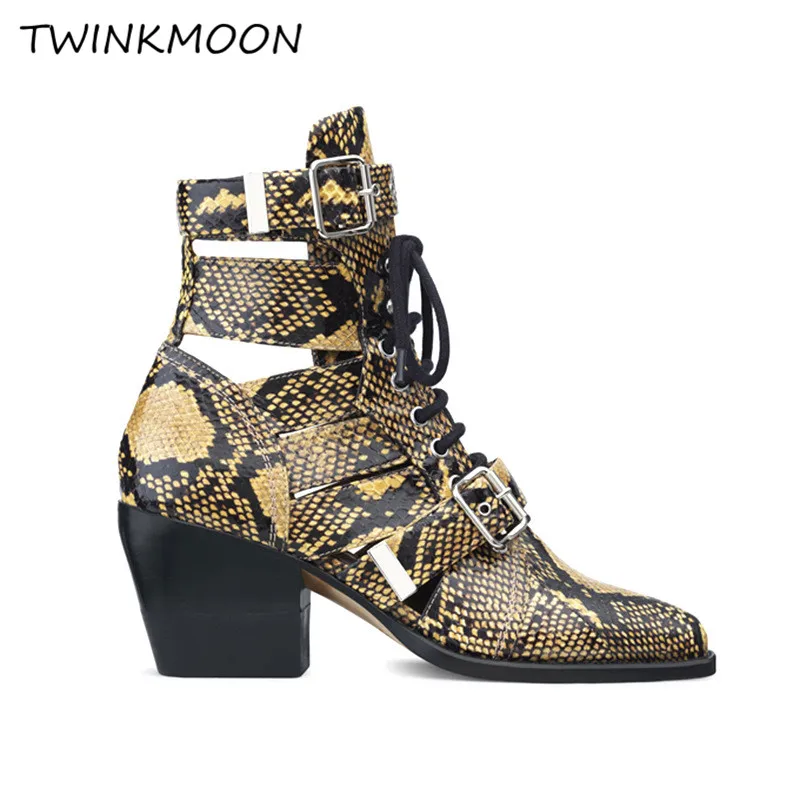 

Ankle Boots For Women Punk Buckle Snake Print Shoes Women Boots Summer Shoes Lace Up Gladiator High Heels botas mujer