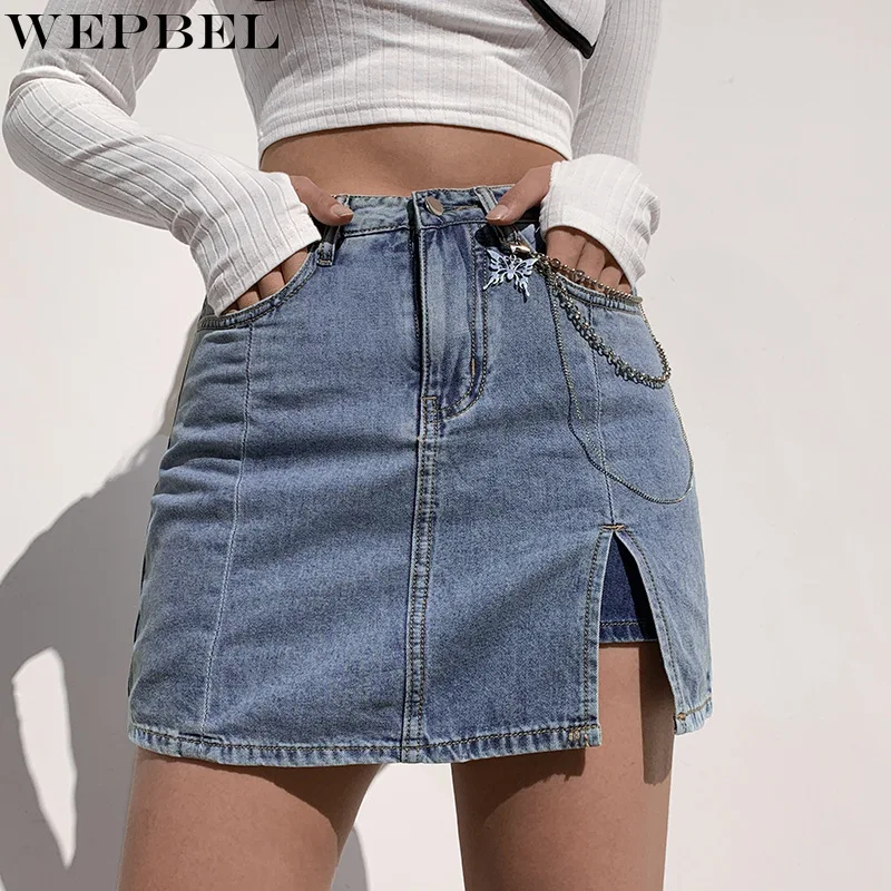 

WEPBEL High Waist Denim Skirt Women's Sexy Solid Color Patchwork Slit Skirt Summer Fashion Slim Pocket Denim Skirt