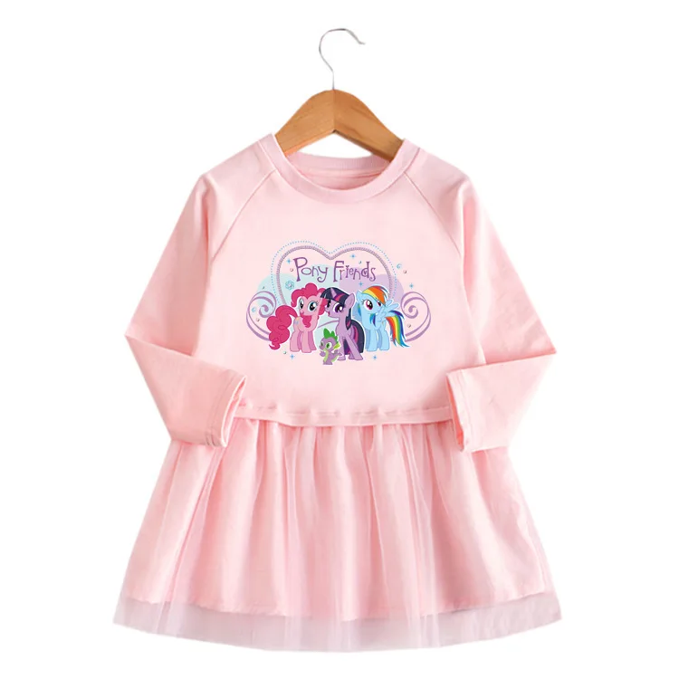 Весенне-осеннее детское платье для девочки с длинным рукавом "Мой маленький пони" розового и серого цветов из 100% хлопка, комфортная для кожи одежда со сетчатыми вставками.