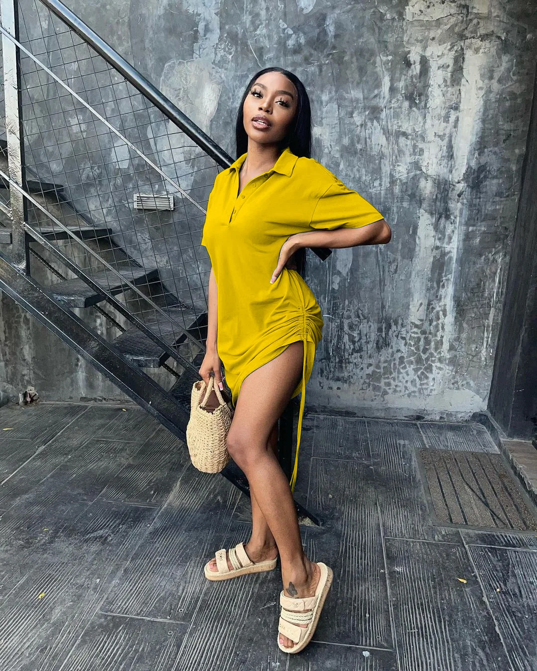 

Echoine Solid Turn Down Collar POLO Shirt Mini Dress Women Short Sleeve Drawsting Pleated Casual Dresses Party Clubwear Outfits