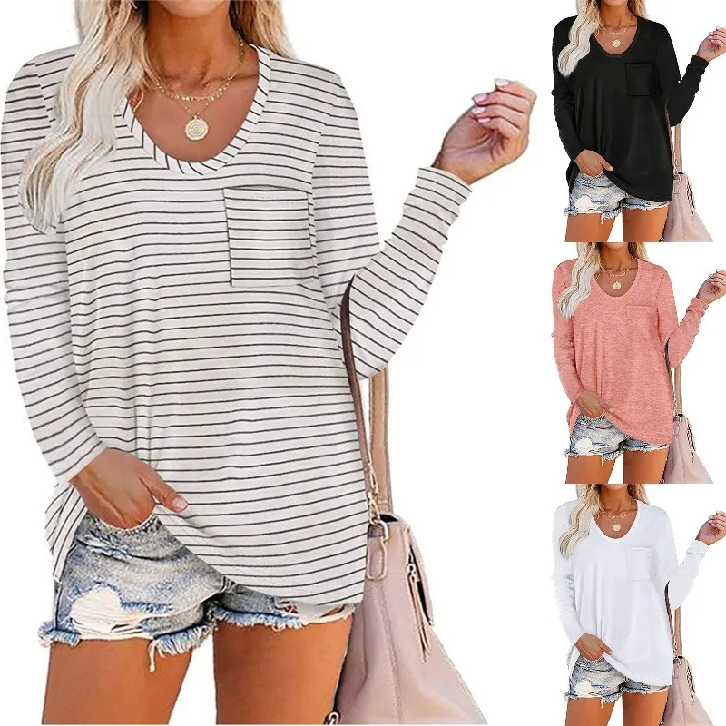 

Solid Color Striped Loose 2021 Women's T-shirt Vintage Clothes Casual Harajuku Basic Long Sleeve T-shirts Basic Tunic Top Female