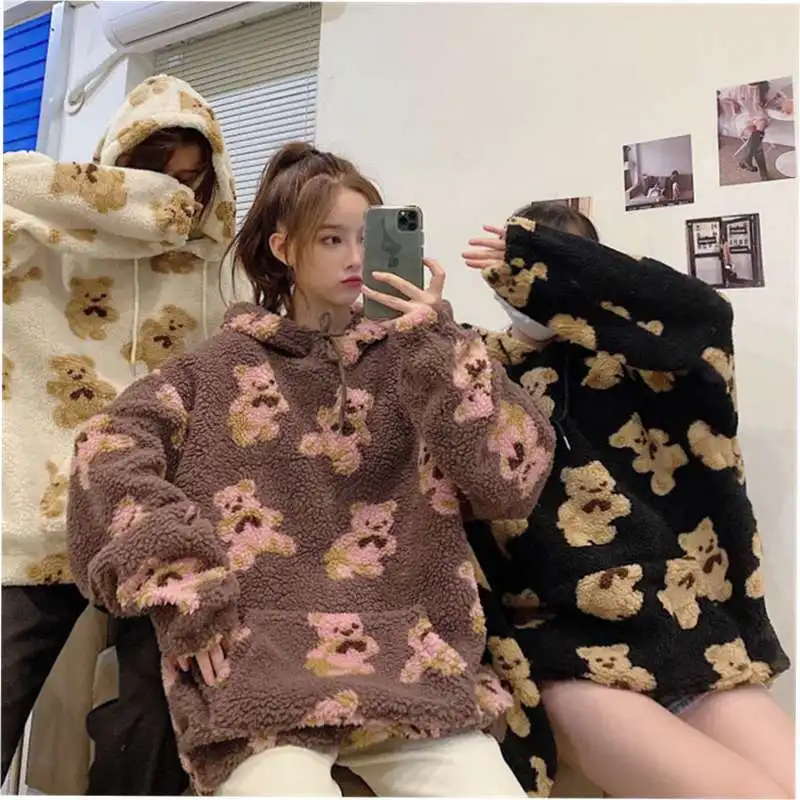 

Oversized Hoodie Lamb Hair Kawaii Cartoon Bear Print Long Sleeve Pocket Sweatshirt Korean Fashion Loose Harajuku Hoodies Women