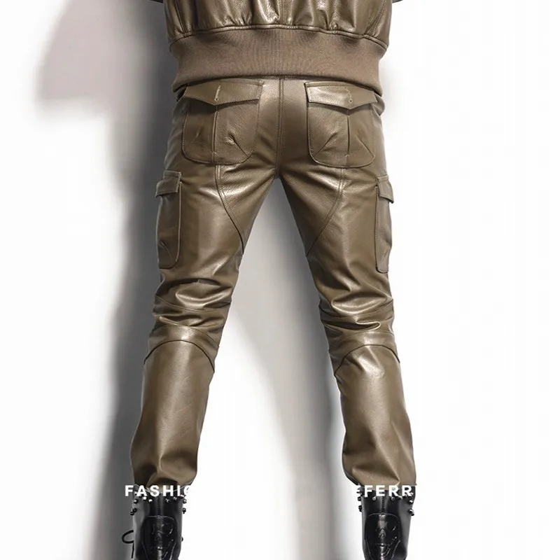 

High Quality Mens Genuine Leather Cowhide Pants Moto Biker Full Length Pockets Slim Fit Windproof Fashion Male Pencil Trousers