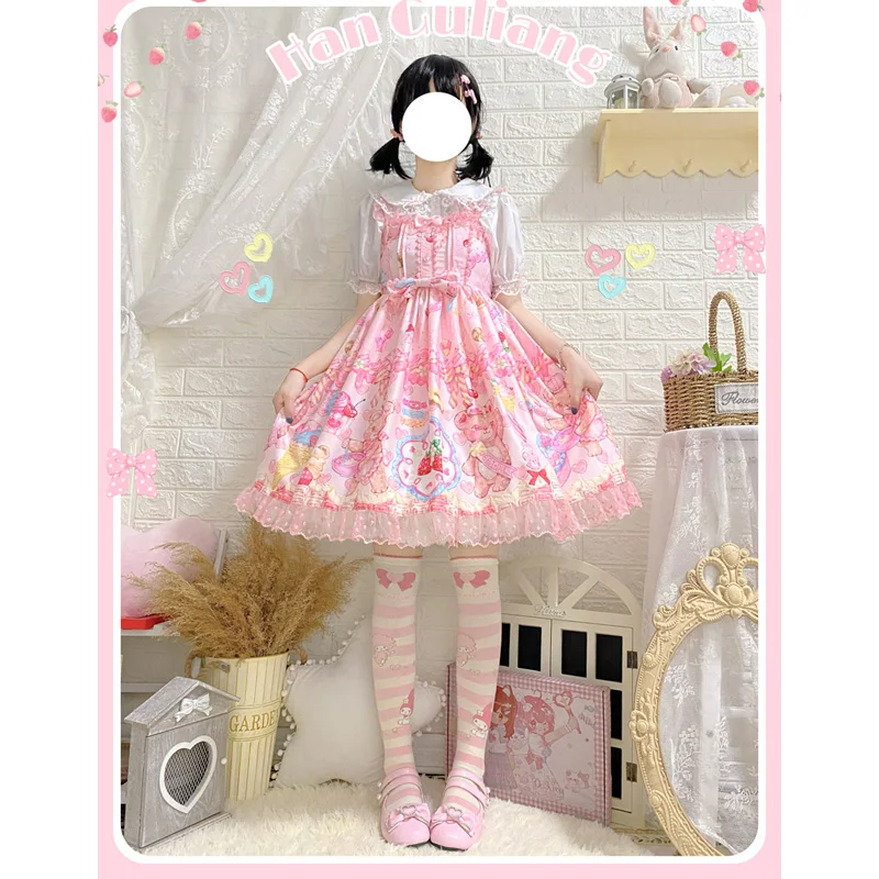 

Spaghetti Strap Lolita Dress Japanese Kawaii Cartoon Little Bear Print Cute Baby Doll Dress For Women Summer Sweet Soft Girl Jsk