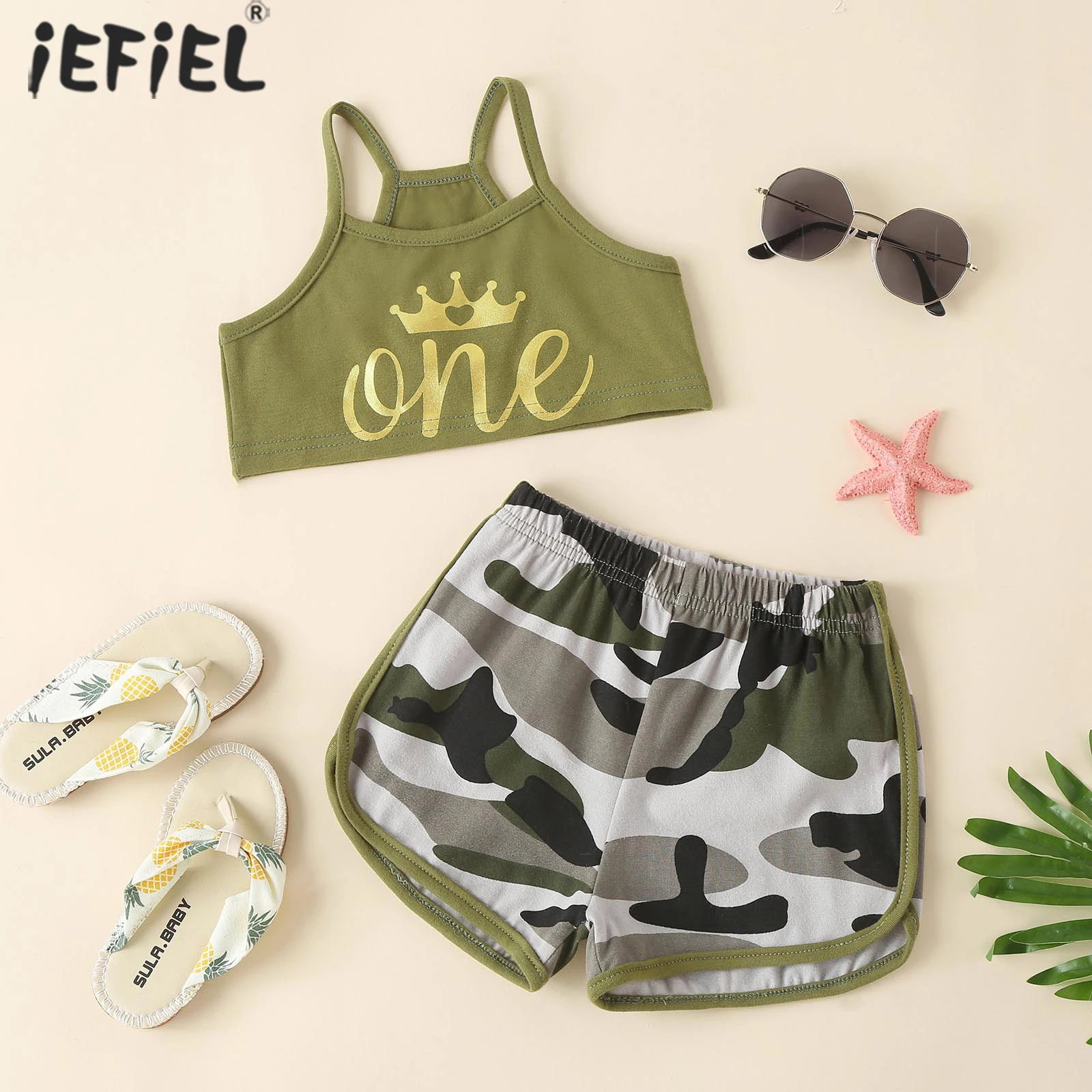 

Summer 2Pcs Baby Girls Clothes Sets Sleeveless Letter One Print Strap CropTops+Camouflage Shorts Tracksuits Outfits Sport Suits