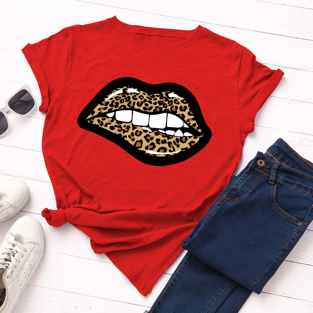

Women Short Sleeve Cotton T-Shirts Graphic Tees Summer Tee Tops for Female Loose Casual Oversized Tee Clothes Leopard Lip Print