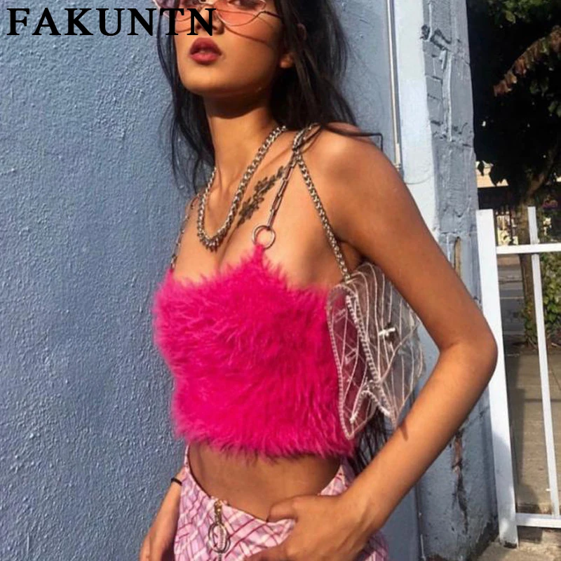 

FAKUNTN y2k Tank Top Camisole Harajuku Fashion e girl 90s 2000s Aesthetic Clothes Streetwear Sweet Furry Crop Top Women y2k Tank
