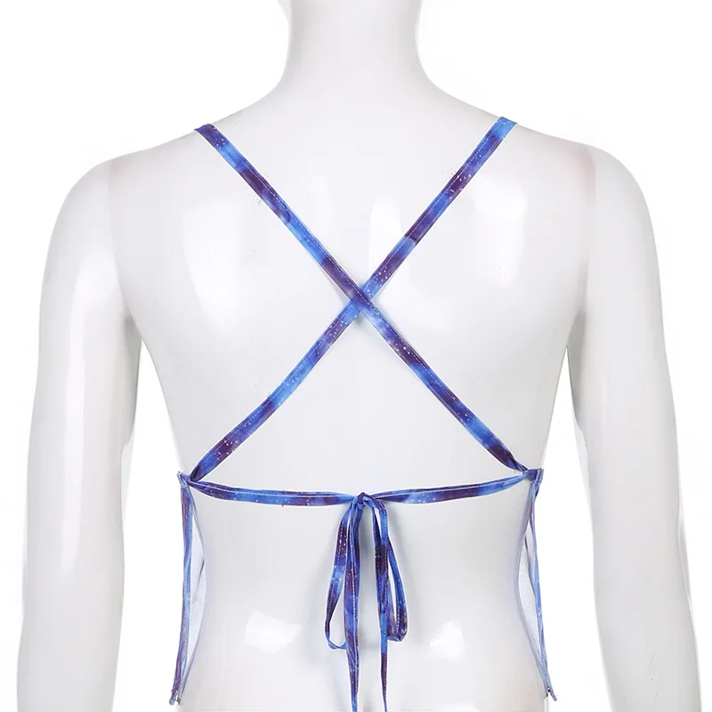 

2000s Fashion Tie Dye Print Mesh Cami Tops Y2K Aesthetics Deep V Criss-Cross Lace Up Backless Sexy Crop Tops Transparent