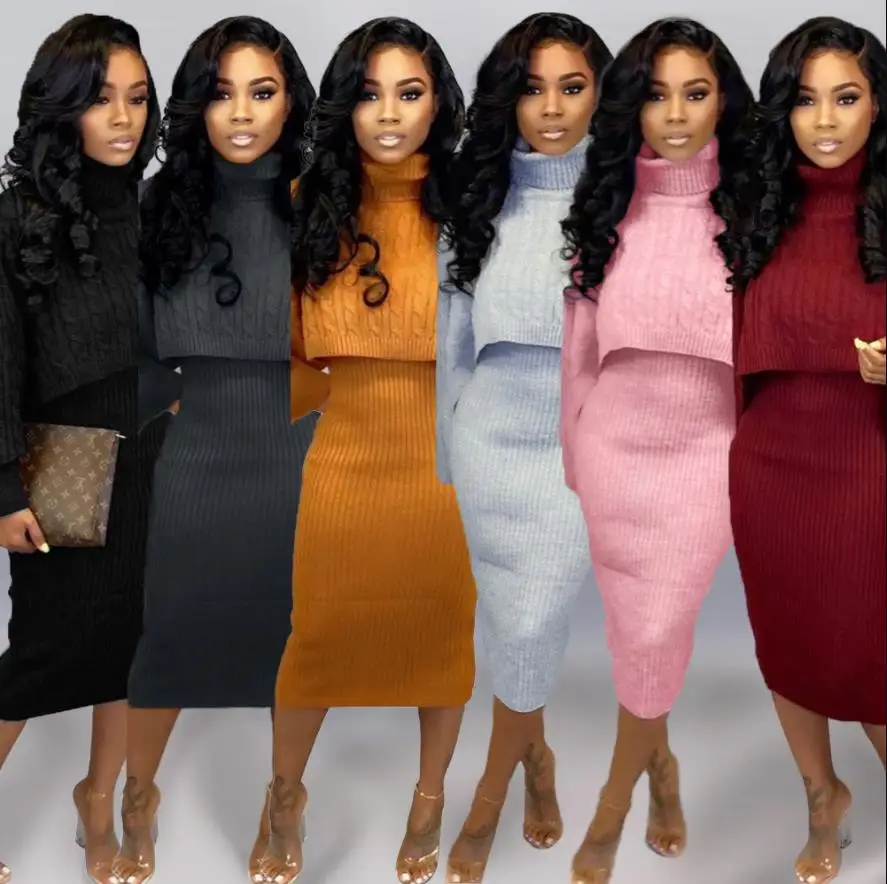 2019 New Autumn Winter Women's set Tracksuits Turtleneck long sleeve sweater + mid calf dress bodycon outfits Dresses | Женская
