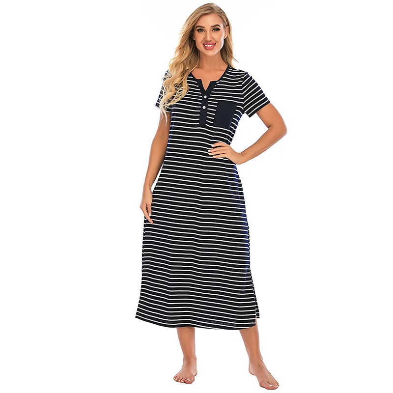 Spring and Summer Women's Nightdress Short-sleeved Striped Comfortable Loose Home Service Sleep Tops Sleepwear Women Nightwear