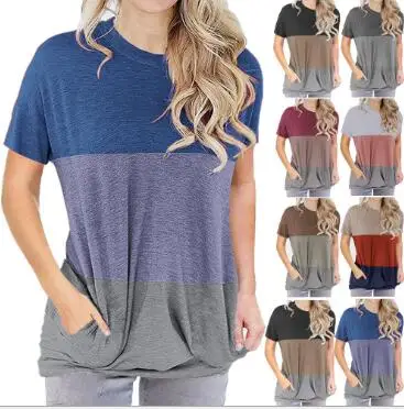 

2021 foreign trade new spring and summer cross border European and American women's color matching round neck loose bat short sl