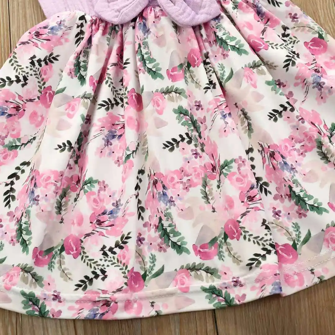 

1-6T Summer Girls Cotton Linen Bowknot Flower Print Sleeveless One-piece Princess Dress