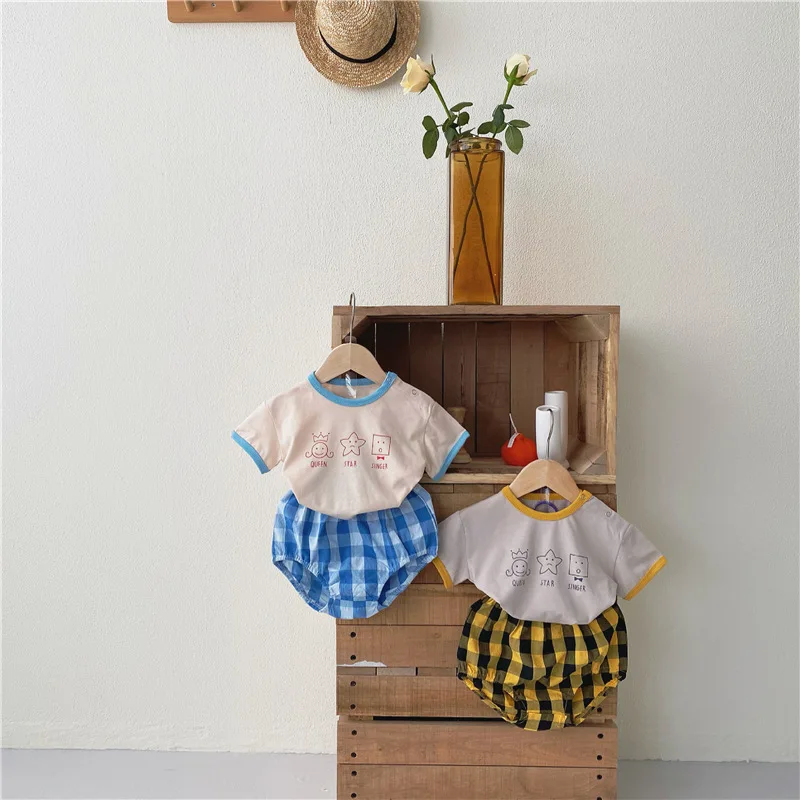 Keelorn Baby Boys Girls Clothes Set Korean Style Toddler Unisex Cartoon T-shirt And Plaid Shorts 2Pcs Outfit Infant Baby Clothes