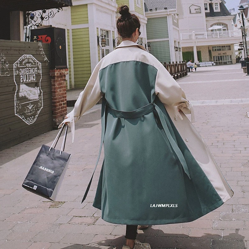 

British Color Matching Trench Coat With Belt Elegant Autumn Fashion Wild Women Windbreakers Loose Patchwork Female Clothing F159