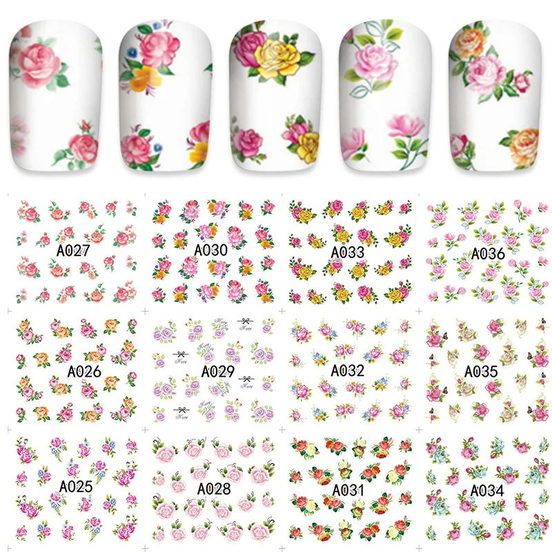 Наклейки для ногтей смешанного дизайна с 12 узорами бабочки цветами листьями