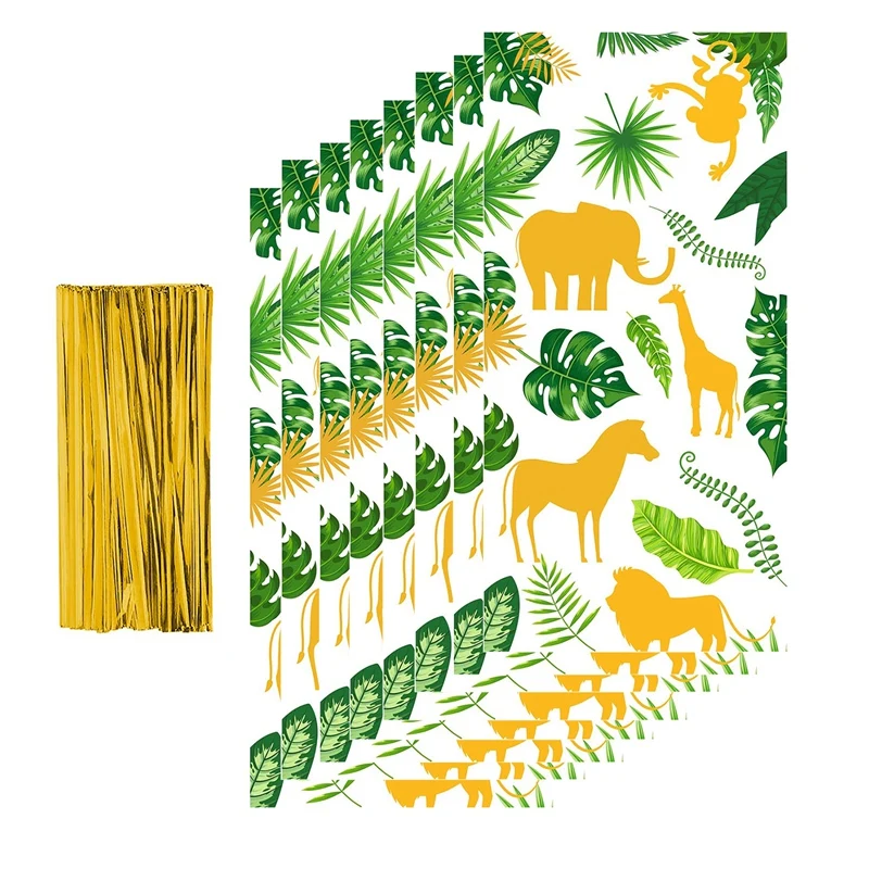 

240 шт. зеленые золотые джунгли животные Пальмовые Листья пластиковые конфеты Goodie пакеты с твист галстуками для детского дня рождения вечери...