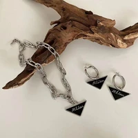 korean fashion black triangle pendant jewelry set for women geometric drip glaze thick chain necklace earrings bracelet jewelry