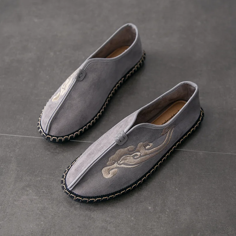 

Men Breathable Casual Shoes Flock Espadrille Fisherman Slip On Lazy Soft Driving Flats Man Handmade Embroidery Canvas Loafers