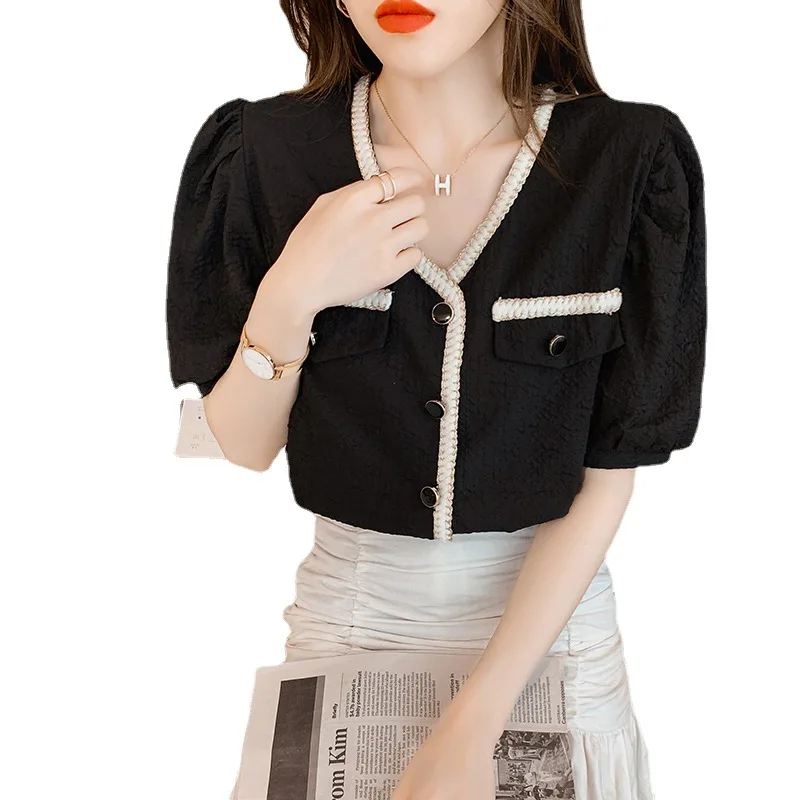 

2021 summer new French retro puff sleeve shirt temperament fashion short sleeve all-match V-neck top women