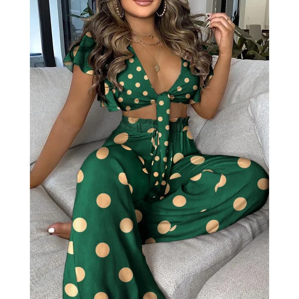 

Summer Ladies Casual Suit Geometric Dots Flower Printed Casual Set Bandage Tops + Wide Leg Trousers Two-Piece Set