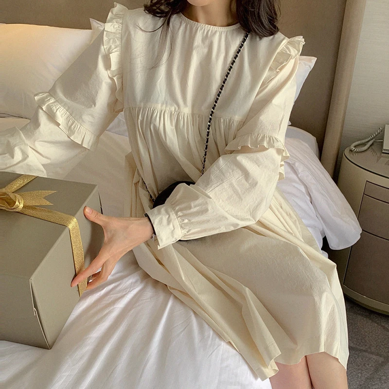 

Sweet Round Neck Ruffles Stitching Loose Waist White Dresses for Women 2021 Summer Vintage Mid-Length Puff Sleeve Dress Female