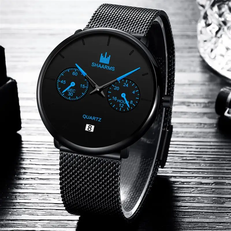 Мужские высококачественные ультра тонкие кварцевые часы из нержавеющей стали с