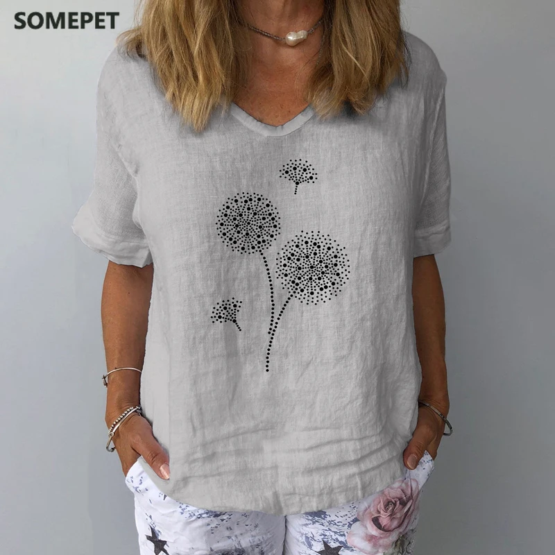 

Summer Casual Floral Print Linen Cotton Blouse Women Elegant V Neck Short Sleeve Shirt Plus Size Tops and Blouses Streetwear 3XL