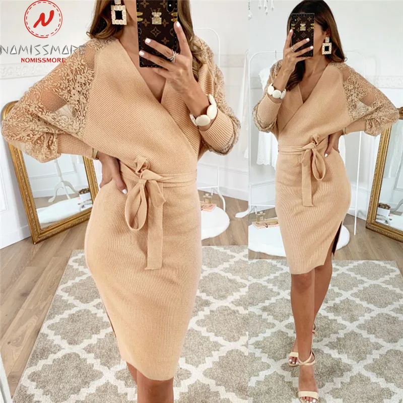 Женское ажурное платье с V образным вырезом длинным рукавом и открытой