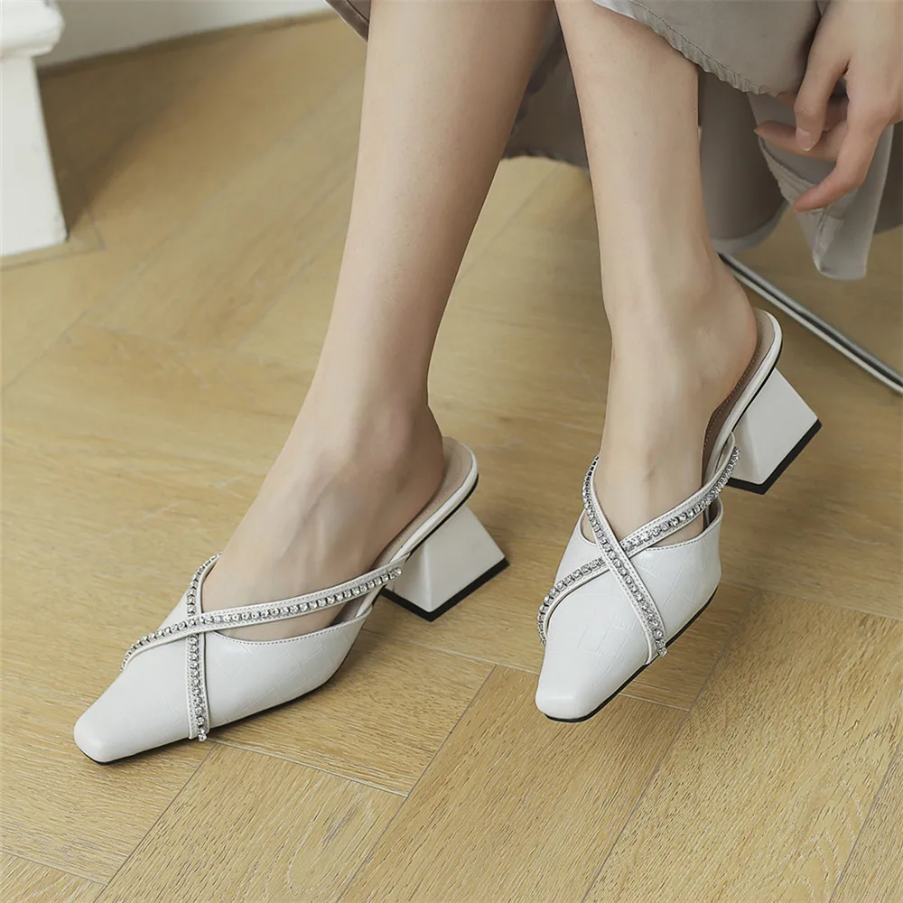 

MILI-MIYA Crystal Women Cow Leather Mules Round Toe Fashion Square Heels Slip On Casual Street Shoes Solid Color Handmade
