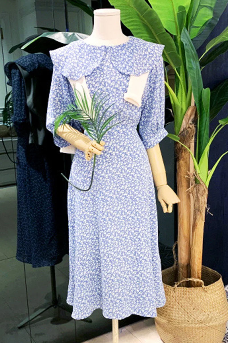 

Women Short Sleeve Long Dress 2021 Summer New Elegant Chiffon Floral Dress Female Retro Waist Controlled Dress