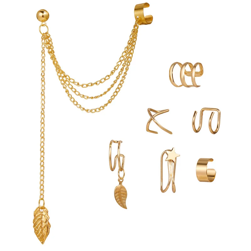 

7PCS Alloy Earring Set Gold Leaves Ear Cuff Non-Piercing Ear Clips Fake Cartilage Earring Jewelry for Women Men Wholesale Gifts