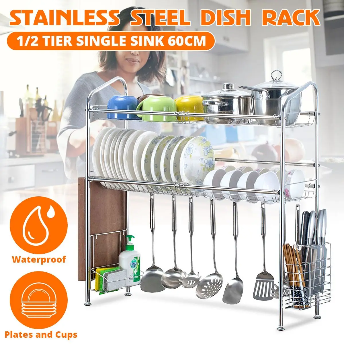 

304 Stainless Steel Kitchen Shelf Over Sink Dish Drain Rack 1/2 Tiers Kitchen Desktop Storage Shelf Kitchen Organizer 70cm/90cm