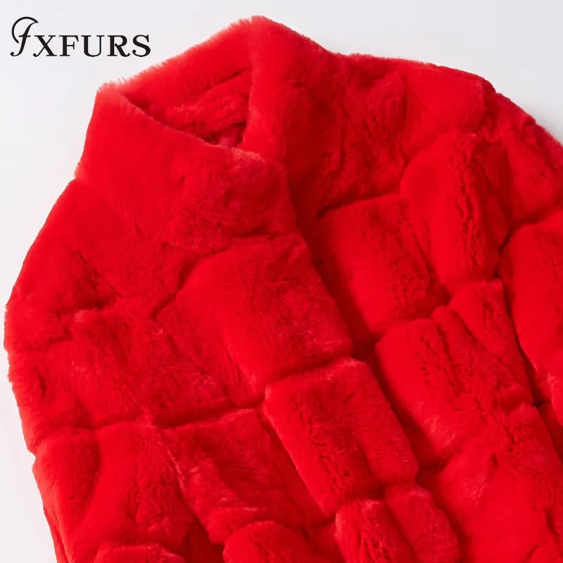 2020Fxfurs new Real Fur Coat Winter Jacket Women Natural Rex Rabbit Fur Thick Warm Stand Collar Three Quarter Sleeve Streetwear
