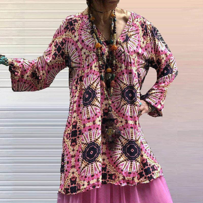 

Elegant Women Bohemian Style Printed Dress Autumn Retro V-neck A-line Long Sleeve Dress Casual Loose Oversize Dress Vestidos 5XL